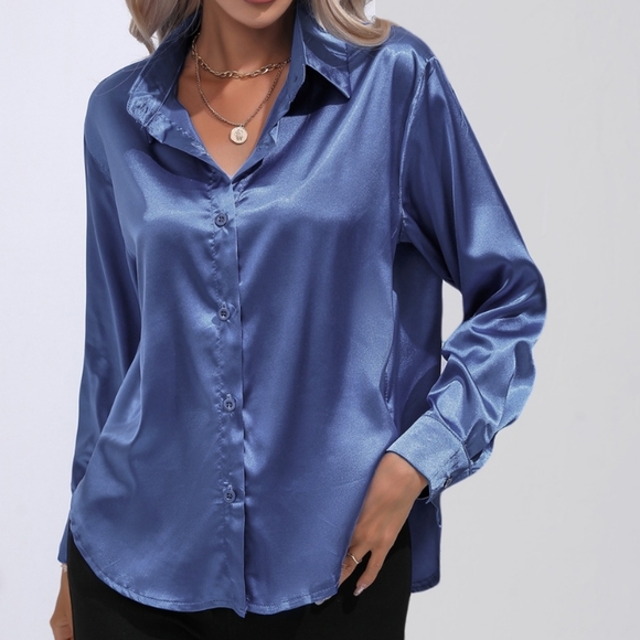 Blue Collared Neck Buttoned Long Sleeve Shirt - Picture 2 of 13